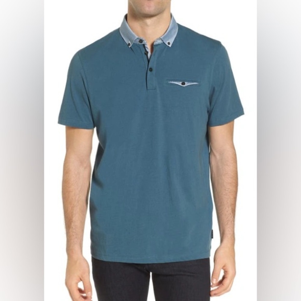 Tad Baker Blue Movey Trim Fit Geo Polo 5 XL